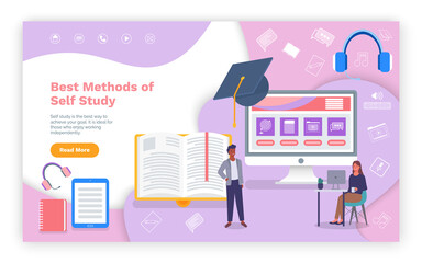 Best methods of self study landing page template flat design. E-learning concept illustration of young people man and woman using laptop, tablet and computer for distance studying and education