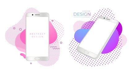 Modern smartphone mockup. Realistic white phones, mobile gadgets on bright abstract shapes. Advertising design elements, screen gadget advertising, display technology. Vector illustration