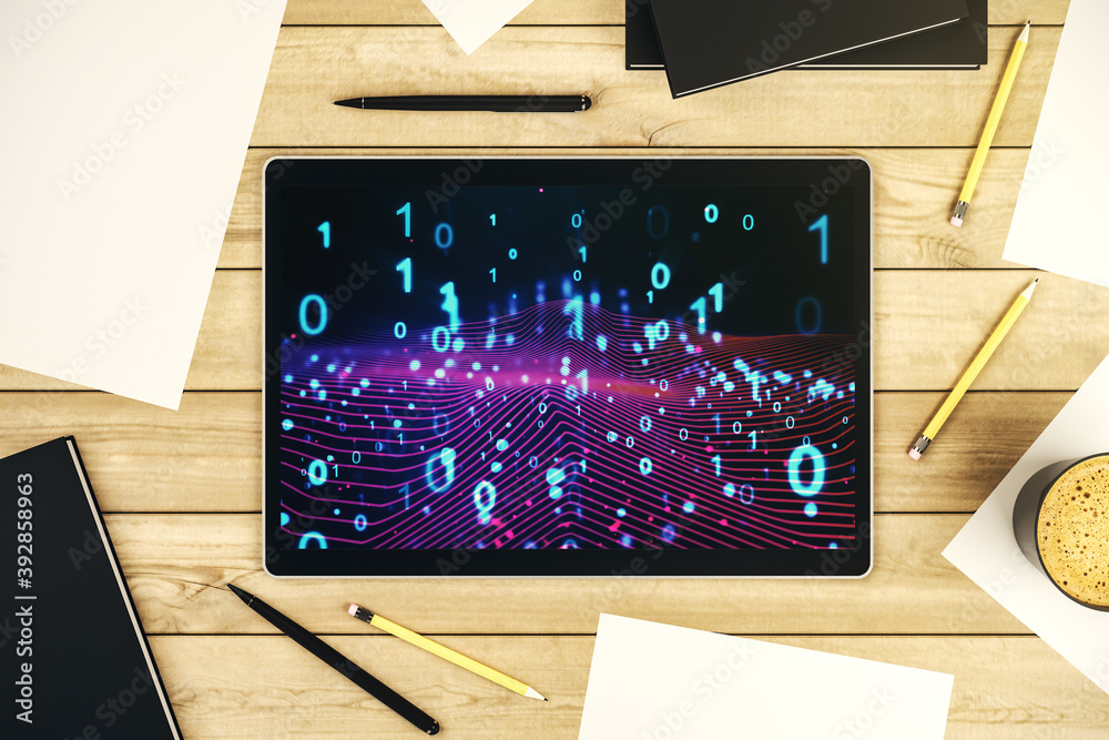 Leinwandbilder creative abstract binary code hologram on modern digital tablet display, ai and machine learning con