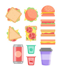 Fast food snack, drink for lunch box kit on white background