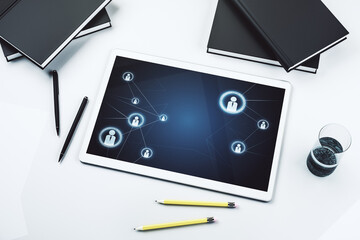 Modern digital tablet screen with social network icons concept. Networking concept. Top view. 3D Rendering