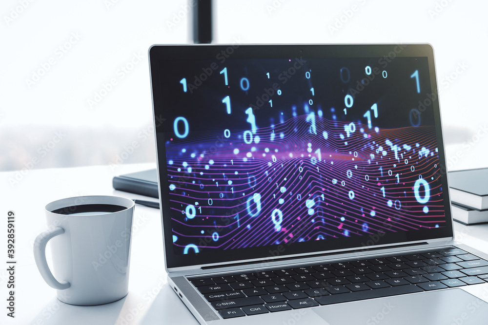 Aufkleber Creative concept of binary code illustration on modern laptop screen. Big data and coding concept. 3D Rendering
