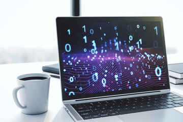Creative concept of binary code illustration on modern laptop screen. Big data and coding concept....