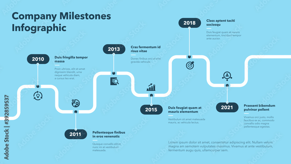 Poster modern infographic for company milestones timeline - blue version. easy to use for your website or p