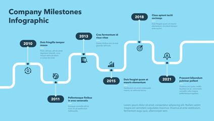 Modern infographic for company milestones timeline - blue version. Easy to use for your website or presentation.