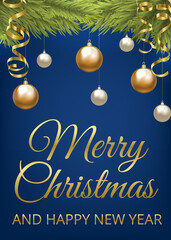 Obraz na płótnie Canvas Christmas fir tree with baubles and golden serpentine. Christmas card