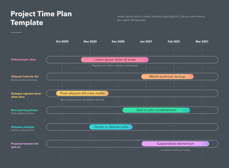 Modern business project time plan template with colorful project tasks in time intervals - dark version. Easy to use for your website or presentation.