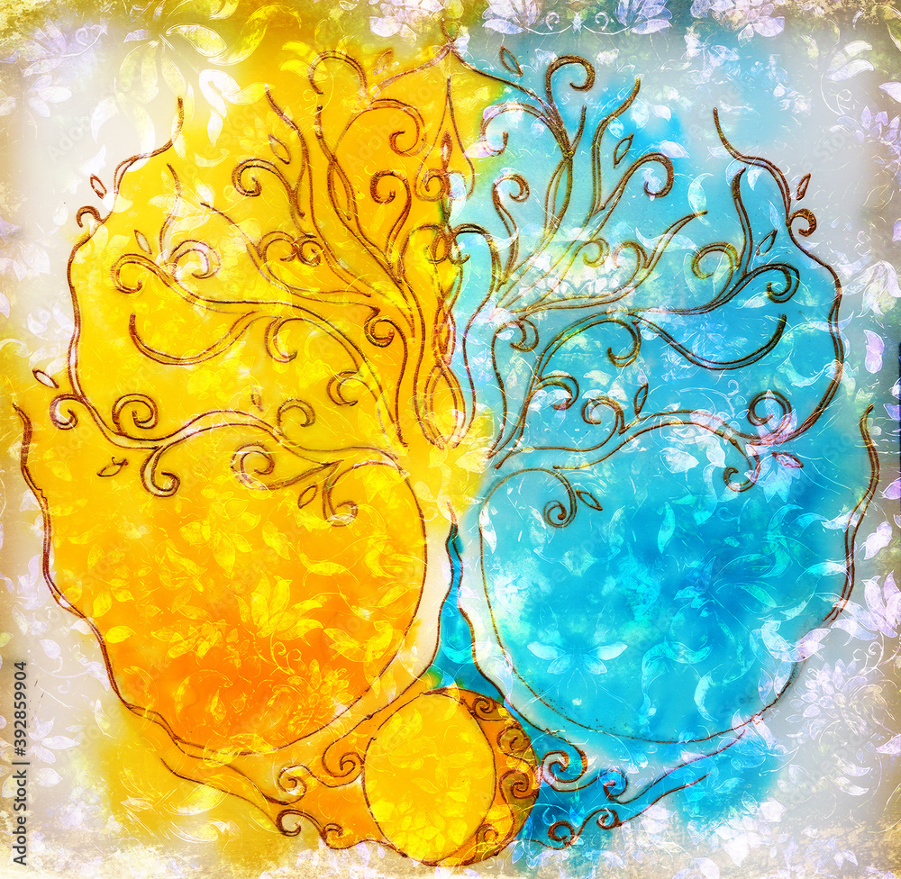 Poster tree of life symbol on structured ornamental background, yggdrasil.
