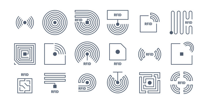 Rfid icons. Radio tagging chips identification wireless semiconductors shopping frequency vector symbols. Identification frequency, chip electronic innovation illustration