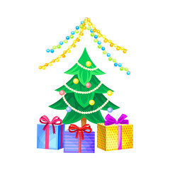 Christmas Tree Decorated with Garland and Bauble with Wrapped Gift Boxes Rested Nearby as Christmas Vector Composition