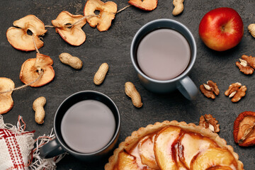 Apple tart pie on black surface close up