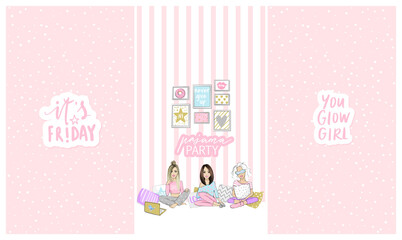 Pajama party stories template for social media, networks. Vector illustration with beautiful young women, girls, teenagers.