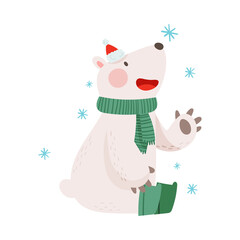Polar Bear as Christmas Character in Hat and Knitted Scarf Enjoying Snowflakes Falling Vector Illustration