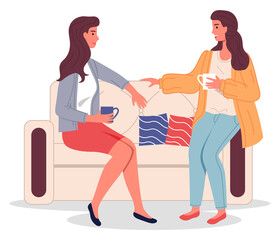 Two girl friends sitting on sofa drinking coffee and talking. Support and communication on meeting. Vector illustration of young woman acquaintances partners or colleagues in an informal setting