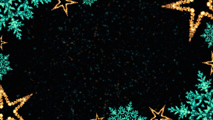 Christmas bokeh lights effect stars and snowflakes frame against a glitter background in turquoise, gold and black colours.