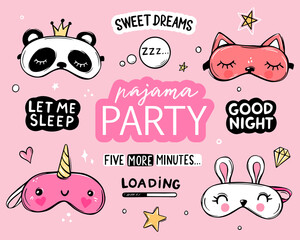 Sleep masks and quotes vector set. Lettering phrases good night, sweet dreams, sleep all day. Blindfold classic and animal shaped - 392860931