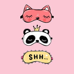 Vector Sleep masks collection. Blindfold classic and animal shaped Panda with crown, red cat. Cute eyemasks