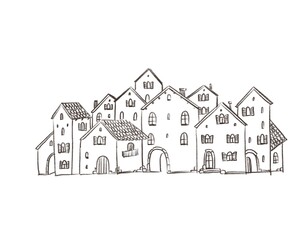 Fantasy  illustration of  medieval village houses, beautiful rural style, traditional houses, sketch on white background