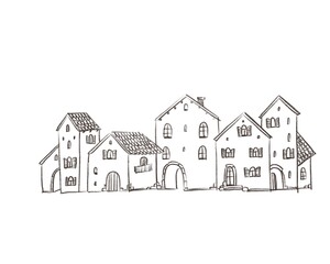 Fantasy  illustration of italian village, beautiful rural style, traditional houses, sketch on white background