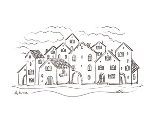 Fantasy  illustration of  village houses, beautiful rural style, traditional houses, sketch on white background