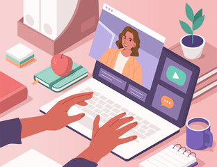 Hands typing on Laptop with Video Chat on Screen. People Studying, Training and Communicating Together on Educational Platform. Online Education Concept. Flat Isometric Vector Illustration.