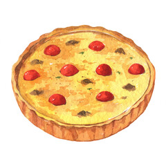 Kish-Loren with cheese and tomatoes. Watercolor hand drawn illustration.