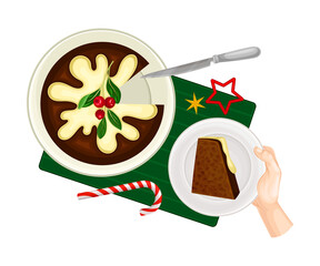 Human Hand Holding Plate with Piece of Pie as Traditional Christmas Eve Dessert Above View Vector Illustration