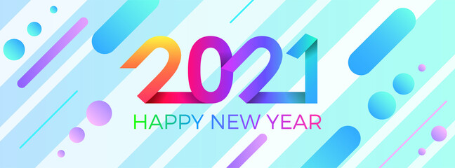 2021 Happy New Year. Paper Memphis geometric bright style for holidays flyers, greetings, invitations, Happy New Year or Merry Christmas cards. Holiday background, poster, banner. Vector Illustration.