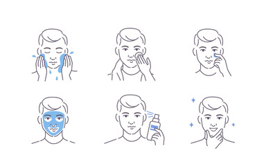 Man Using Cosmetic Products for Facial Skin. Facial Cleaning, Moisturizing and other After Shave Care. Guy Making Skincare Procedures. Flat Line Vector Illustration and Icons set.