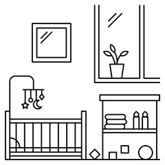Children nursery and playroom with small closet, toys and plant on window. Concept Vector Icon Design, house interior design and lifestyles Symbol, Kids and Toddlers Room Interior Decoration Idea 