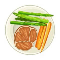 Meat Slice and Vegetables Rested on Plate Above View Vector Illustration