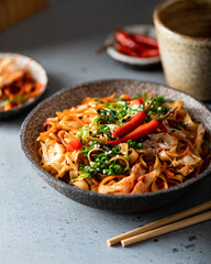 Asian food, wok noodle and vegetables in ceramic bowl, selective focus