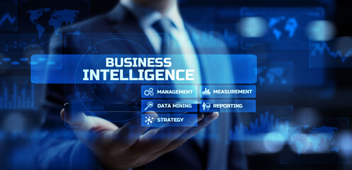 Business intelligence big data analytics dashboard on virtual screen.