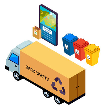 Truck, lorry, automobile with litter bags, garbage bins, application with zero waste station, ecology preservation, pollution prevention. Trash disposal business, utility service concept sketch