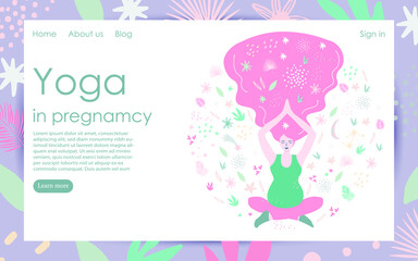 Pregnant Yoga. Pregnant woman sitting in the Lotus position. Template for the target web page of a yoga club for pregnant women. Healthy and active lifestyle during pregnancy, exercises for women.