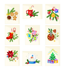 Merry Christmas and Happy Holidays Cards with Fir Tree Branch and Gifts Vector Set