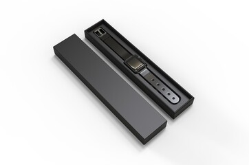 Smart watch with box packaging for branding and mock up. 3d render illustration.