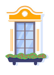 Window with flowerpot in vintage house on white background