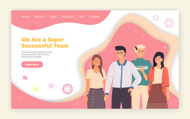 Happy and successful businesspeople. Landing page template Super successful team, business concept in teamwork and corporation. Smiling young people man and woman, the collective of a company