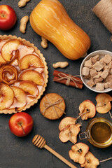 Apple tart pie on black surface close up