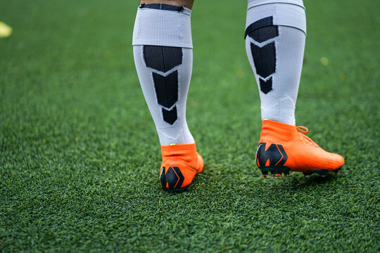 Bangkok / Thailand - June 2018 : Football player training on artificial grass field. Wearing Nike Mercurial Superfly VI, the famous football boots for speedy player like Cristiano Ronaldo and Neymar. 