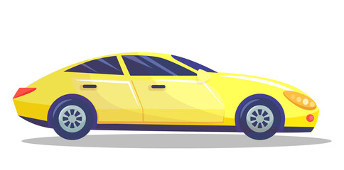 Yellow car vector template on white background. Business sedan isolated. Automobile side view flat style. Vehicle with tinted windows. Convenient mean of transportation, modern model of car