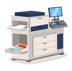 Printing house polygraphy industry isometric design concept with copier multifunction device isolated. Professional equipment for advertising agency for color wide-format printing digitally controlled