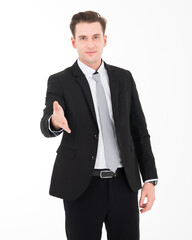 Businessman offering a handshake. Business. People and office concept. Happy smiling businessman in black suit. Handsome man in black suit