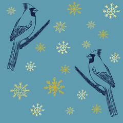 Christmas poster with Golden snowflakes on a blue-gray background with silhouettes of cardinal birds. Vector Doodle illustration for greeting cards, Christmas designs, gift wrapping, prints.