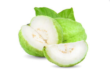 Guava fruit with leaf isolated on white background .