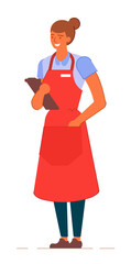 Smiling waitress in apron with clipboard isolated on white