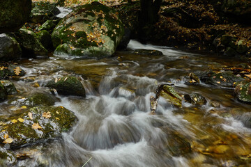 Small waterfalls in the bed of the Sestil de Maíllo stream. Autumn in the Sierra de Guadarrama National Park. Madrid's community. Spain