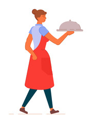 Young female waiter wearing apron and holding tray with lid