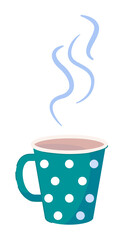 Steaming coffee or tea in polka dot cup on white background